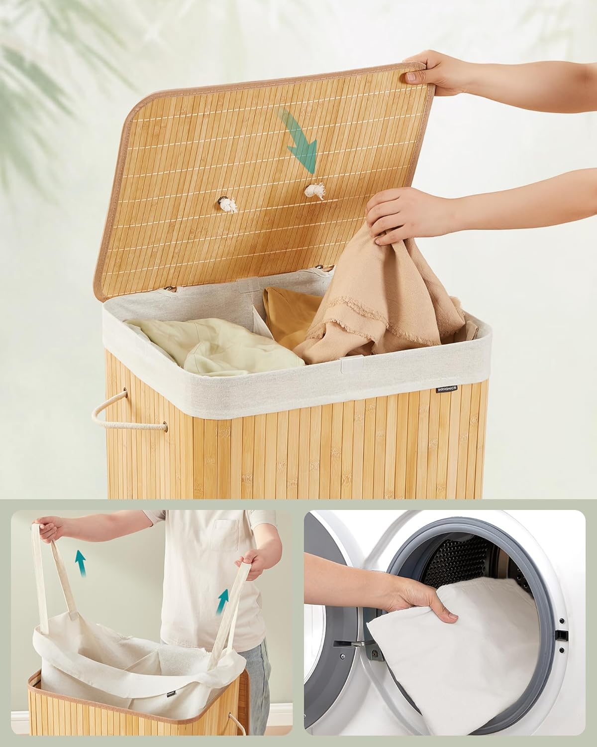 SONGMICS Cos de rufe cu capac, 2 compartimente, bambus, 120 l, pliabil, sac textil detasabil, 50x40x61 cm, maro natur - imagine 6