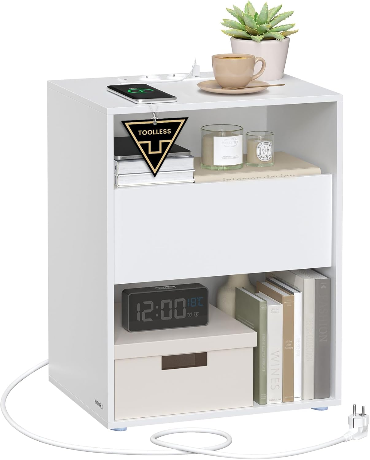 VASAGLE Noptiera cu sertar si statie de incarcare, 2 prize, 2 porturi USB, 45x35x58 cm, alb - imagine 2