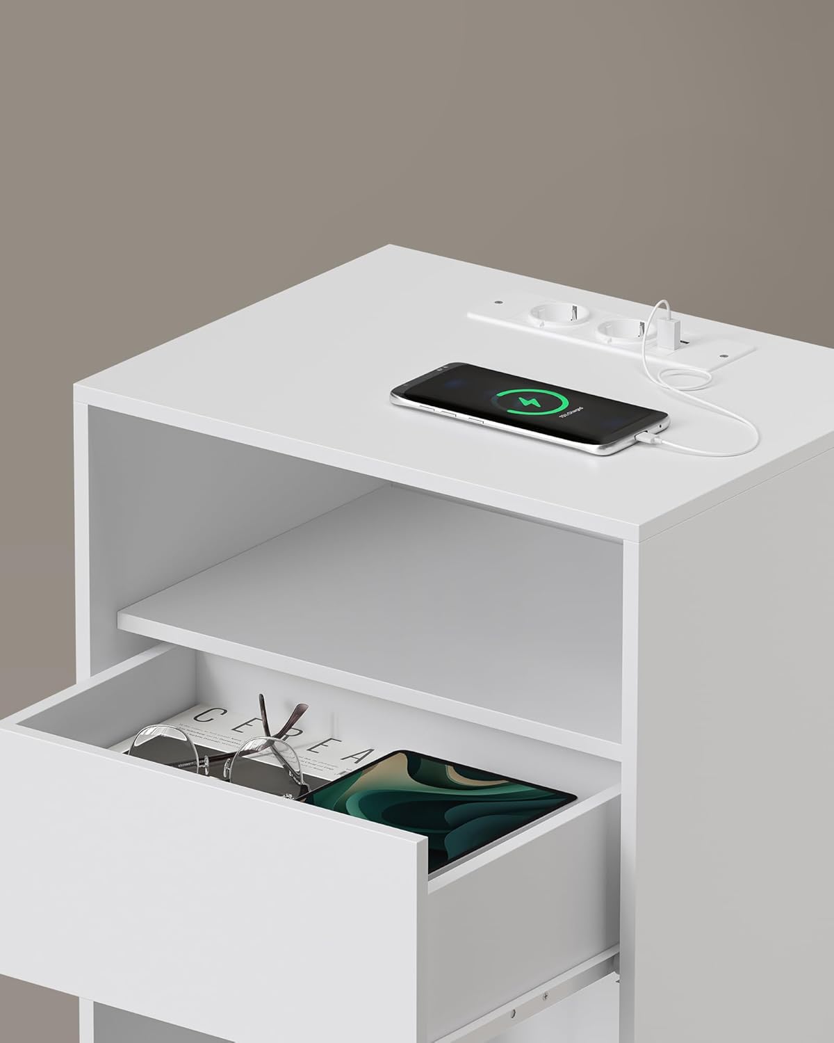 VASAGLE Noptiera cu sertar si statie de incarcare, 2 prize, 2 porturi USB, 45x35x58 cm, alb - imagine 4