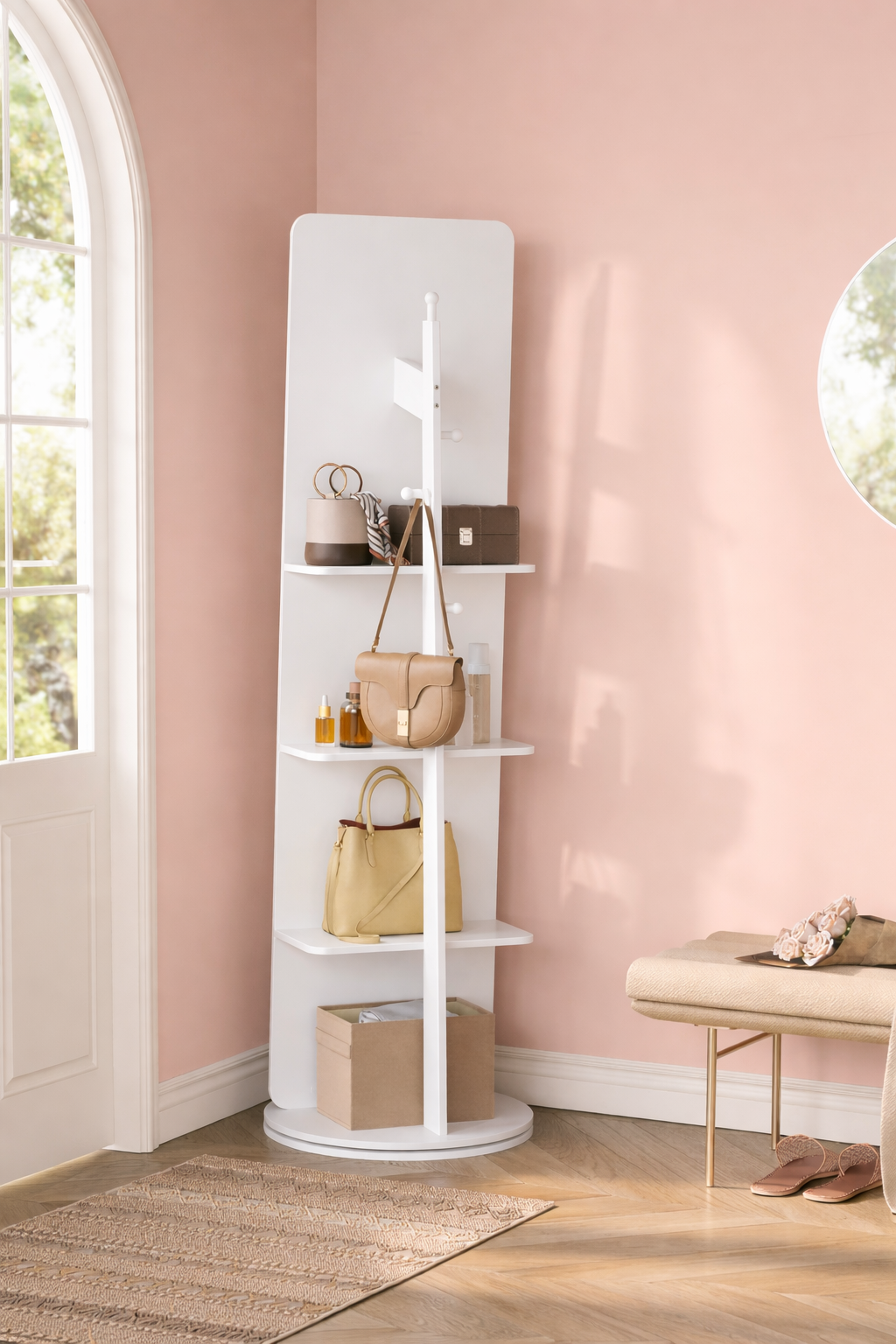 SONGMICS Oglinda inalta rotativa 360°, 2 in 1 cu rafturi si cuier in spate, MDF, sticla securizata, 45x45x163 cm, alb - imagine 5