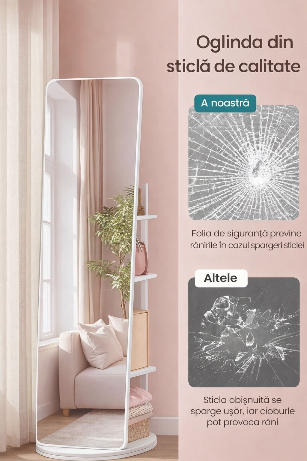 SONGMICS Oglinda inalta rotativa 360°, 2 in 1 cu rafturi si cuier in spate, MDF, sticla securizata, 45x45x163 cm, alb - imagine 6