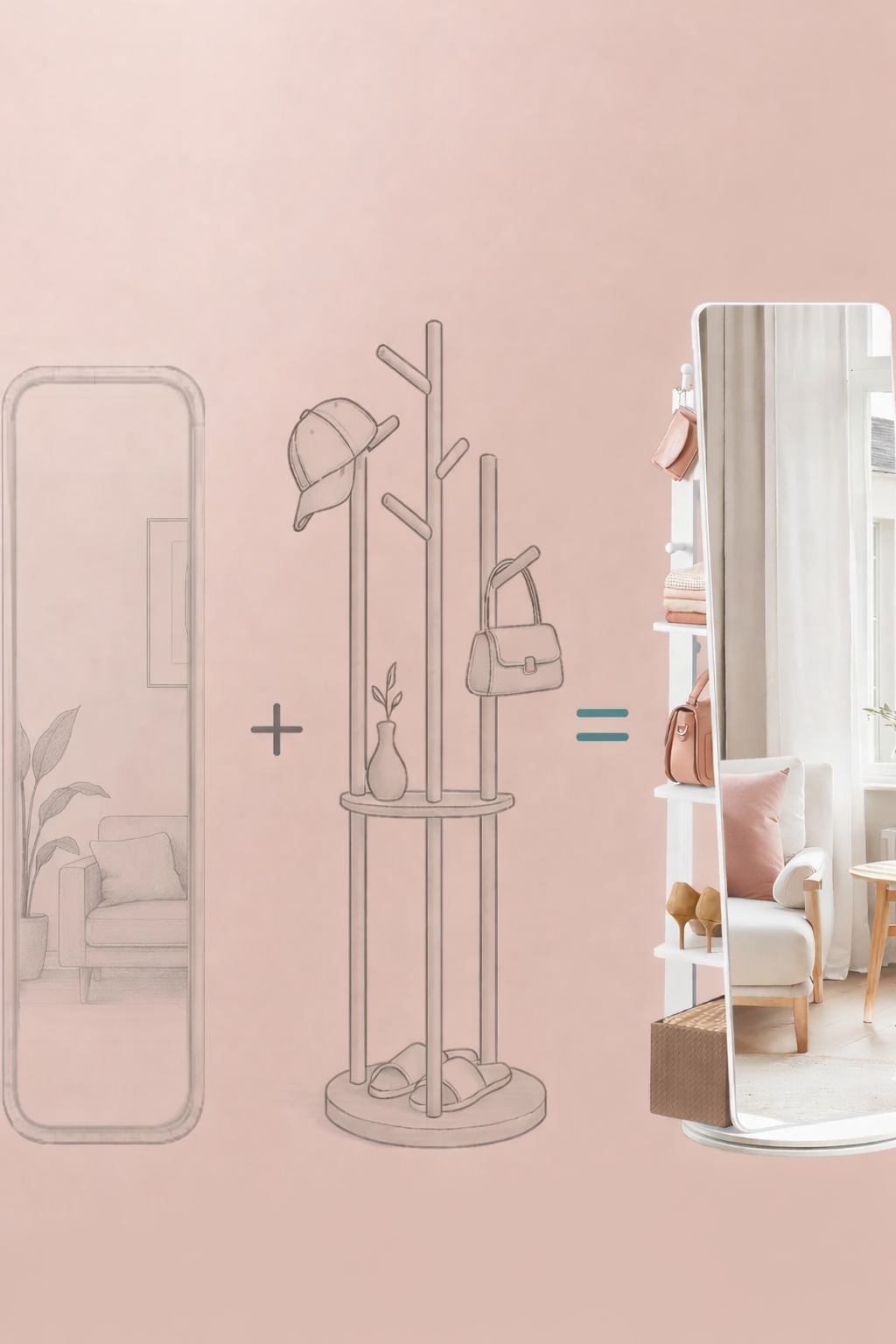 SONGMICS Oglinda inalta rotativa 360°, 2 in 1 cu rafturi si cuier in spate, MDF, sticla securizata, 45x45x163 cm, alb - imagine 7