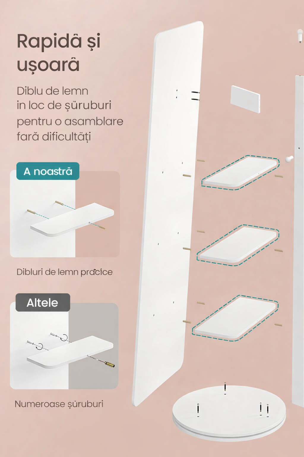 SONGMICS Oglinda inalta rotativa 360°, 2 in 1 cu rafturi si cuier in spate, MDF, sticla securizata, 45x45x163 cm, alb - imagine 8