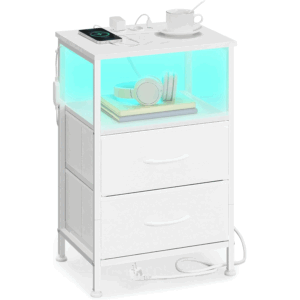 SONGMICS Noptiera cu statie de incarcare si iluminare LED, 2 sertare si raft deschis, control aplicatie, 40x35x60 cm, alb