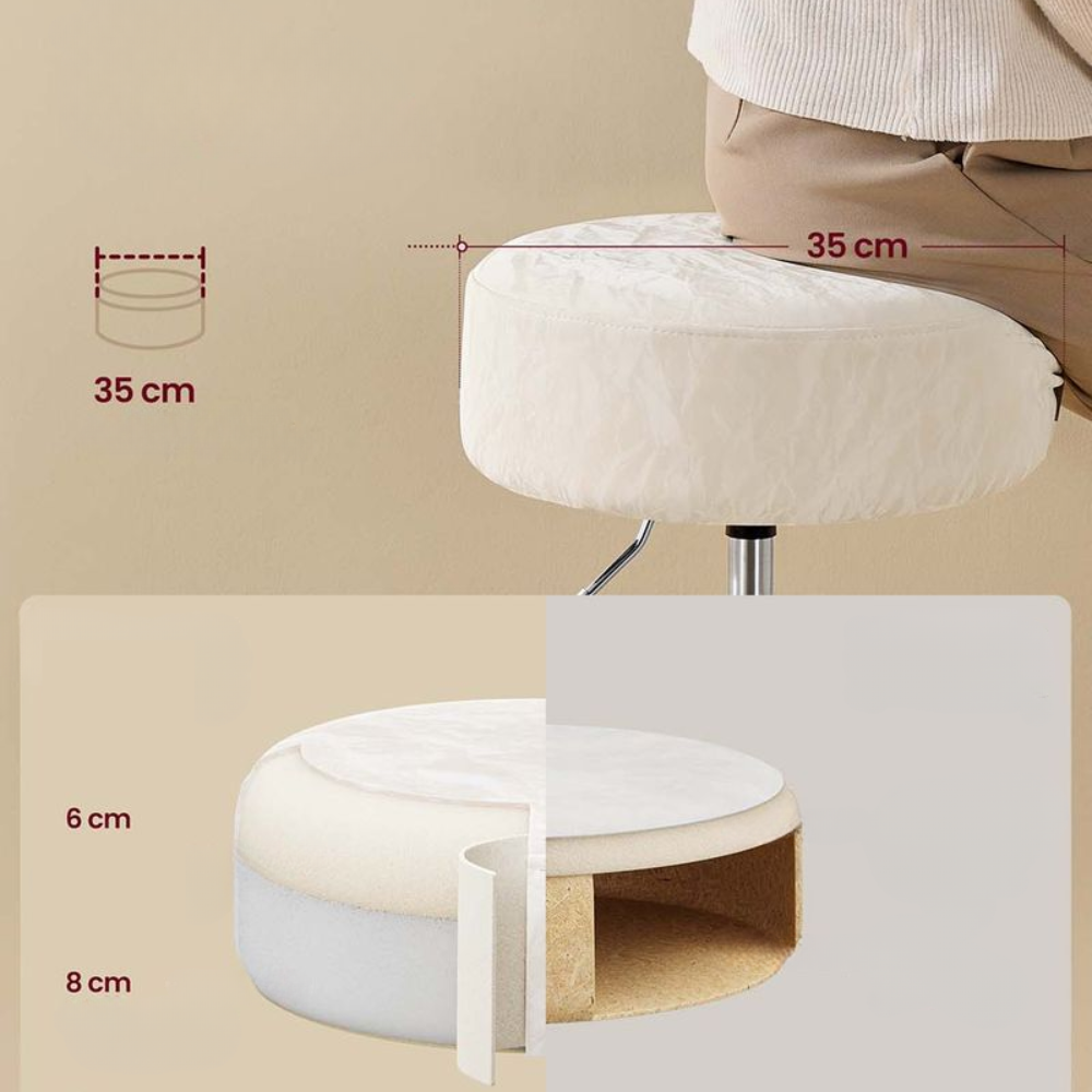 VASAGLE Taburet pentru masa machiaj, reglabil pe inaltime, rotativ 360°, sezut capitonat, 39x39x58 cm, alb crem - imagine 3