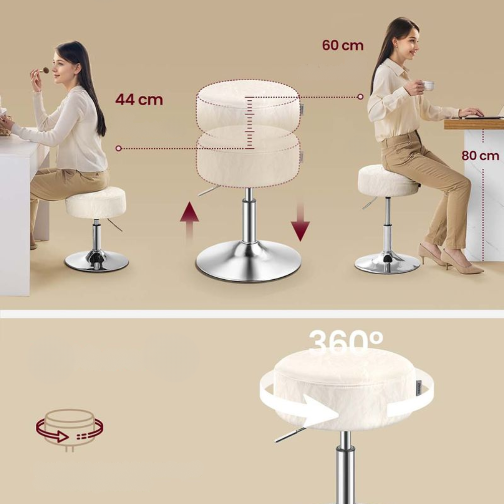 VASAGLE Taburet pentru masa machiaj, reglabil pe inaltime, rotativ 360°, sezut capitonat, 39x39x58 cm, alb crem - imagine 4
