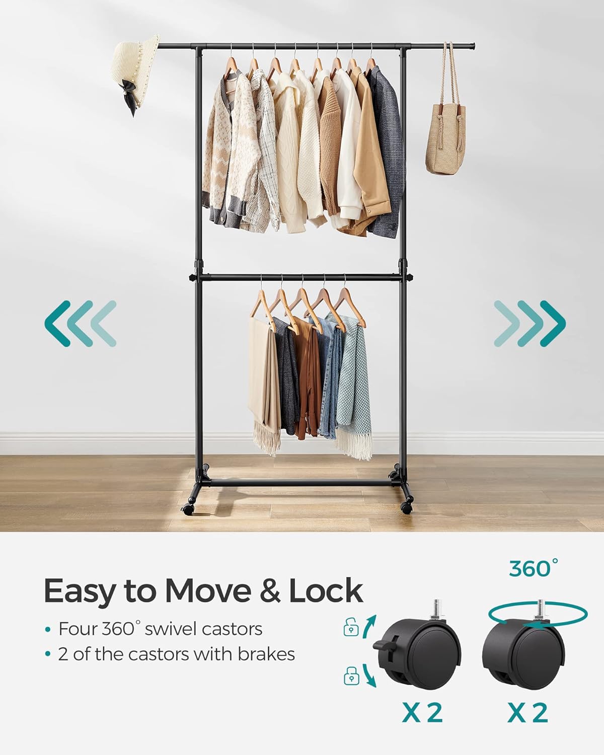 SONGMICS Suport haine cu doua bare, roti blocabile, inaltime reglabila, cadru metalic, 101x49x113-180 cm, negru - imagine 3