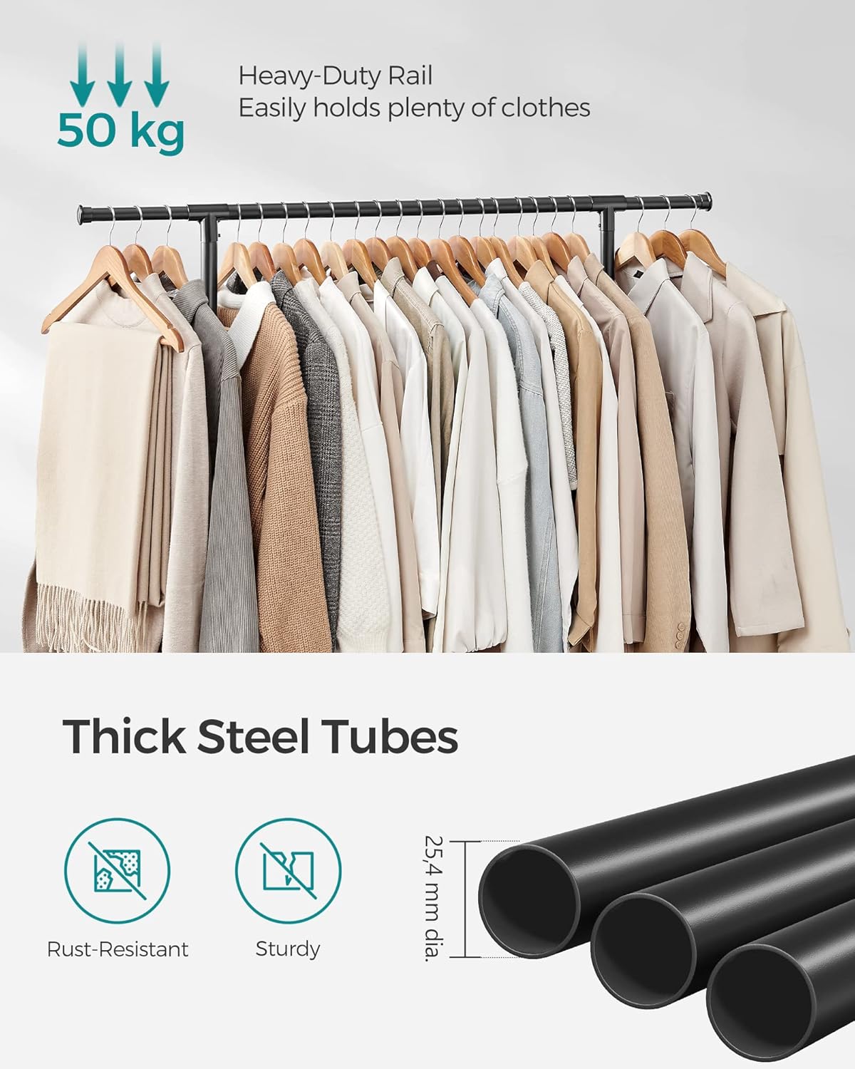 SONGMICS Suport haine cu doua bare, roti blocabile, inaltime reglabila, cadru metalic, 101x49x113-180 cm, negru - imagine 5