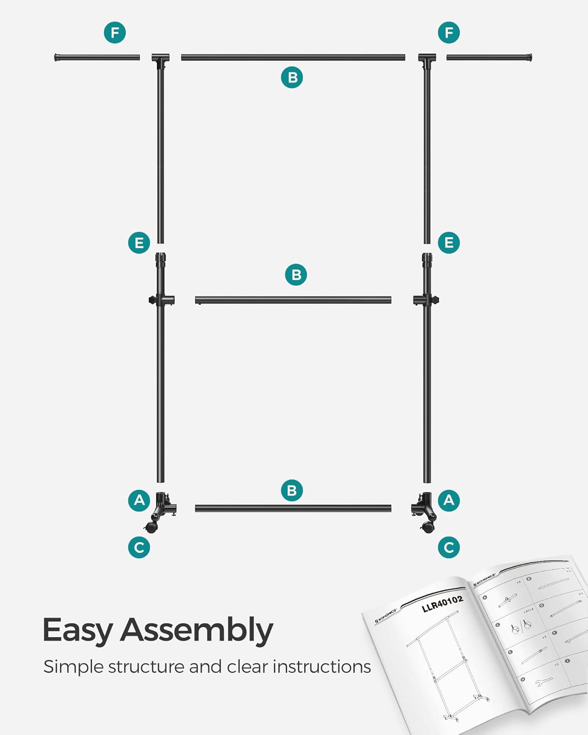 SONGMICS Suport haine cu doua bare, roti blocabile, inaltime reglabila, cadru metalic, 101x49x113-180 cm, negru - imagine 6