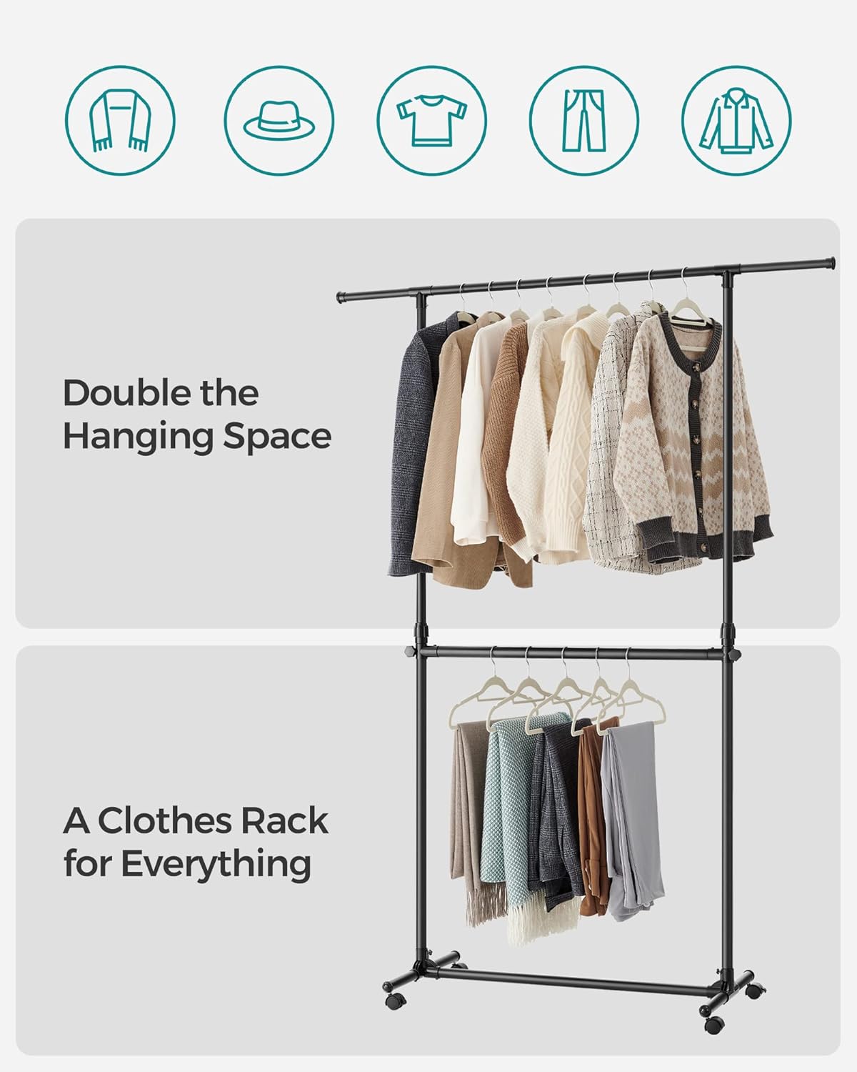 SONGMICS Suport haine cu doua bare, roti blocabile, inaltime reglabila, cadru metalic, 101x49x113-180 cm, negru - imagine 9