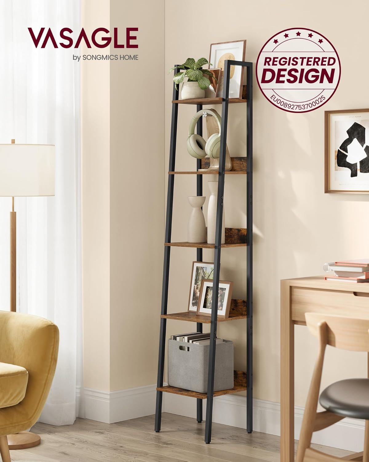 VASAGLE Biblioteca tip scara cu 5 rafturi, design industrial, cadru metalic si rafturi din PAL, 34x30x170 cm, maro rustic - imagine 2