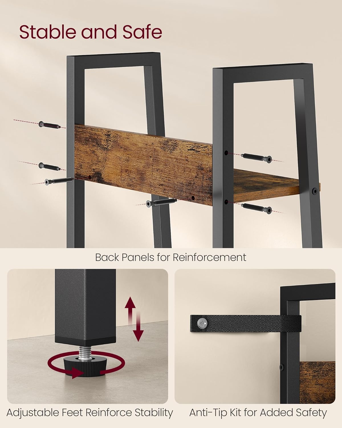 VASAGLE Biblioteca tip scara cu 5 rafturi, design industrial, cadru metalic si rafturi din PAL, 34x30x170 cm, maro rustic - imagine 5