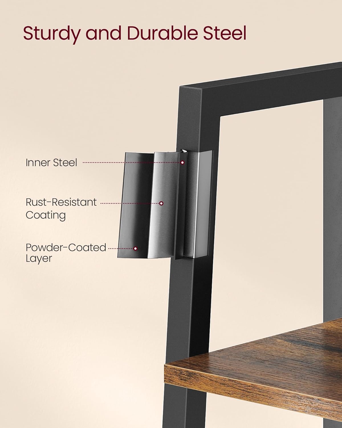 VASAGLE Biblioteca tip scara cu 5 rafturi, design industrial, cadru metalic si rafturi din PAL, 34x30x170 cm, maro rustic - imagine 6