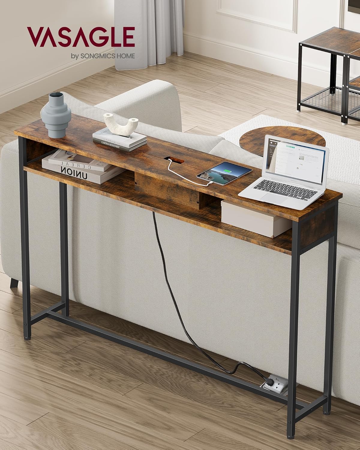 VASAGLE Masa tip consola ingusta, cu 2 prize si 2 porturi USB incorporate, 120x25x81 cm, maro rustic - imagine 7