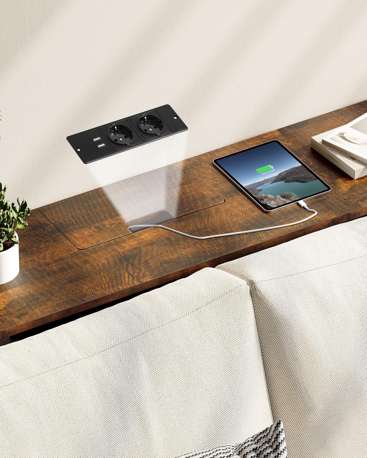 VASAGLE Masa tip consola ingusta, cu 2 prize si 2 porturi USB incorporate, 120x25x81 cm, maro rustic - imagine 8