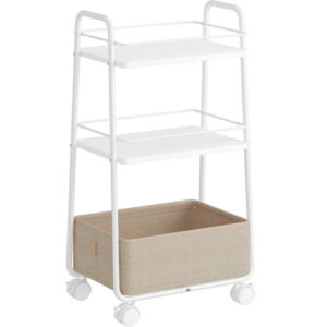 VASAGLE Carucior depozitare cu roti si cos textil, 3 niveluri, PAL si cadru metalic, alb si crem