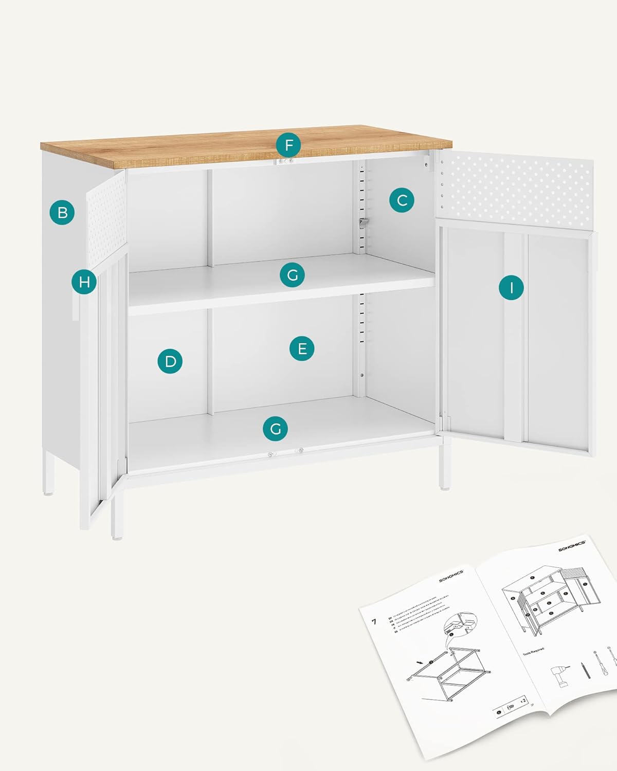 SONGMICS Dulap depozitare metalic cu 2 usi, raft reglabil, cadru otel, stil industrial, 80x40x76 cm, alb si bej - imagine 5
