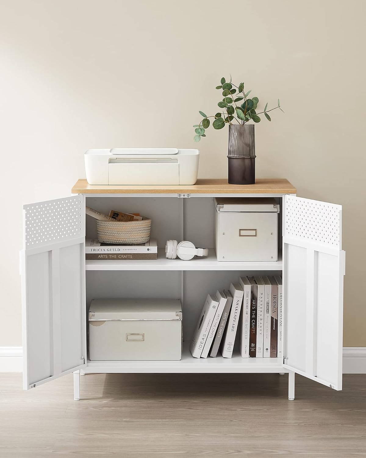 SONGMICS Dulap depozitare metalic cu 2 usi, raft reglabil, cadru otel, stil industrial, 80x40x76 cm, alb si bej - imagine 7