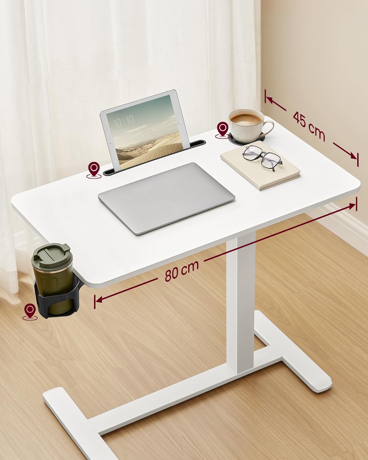 VASAGLE Masa tip birou, ajustabila cu roti pentru pat sau canapea, blat 80x45 cm, inaltime reglabila 65-102 cm, alb - imagine 4