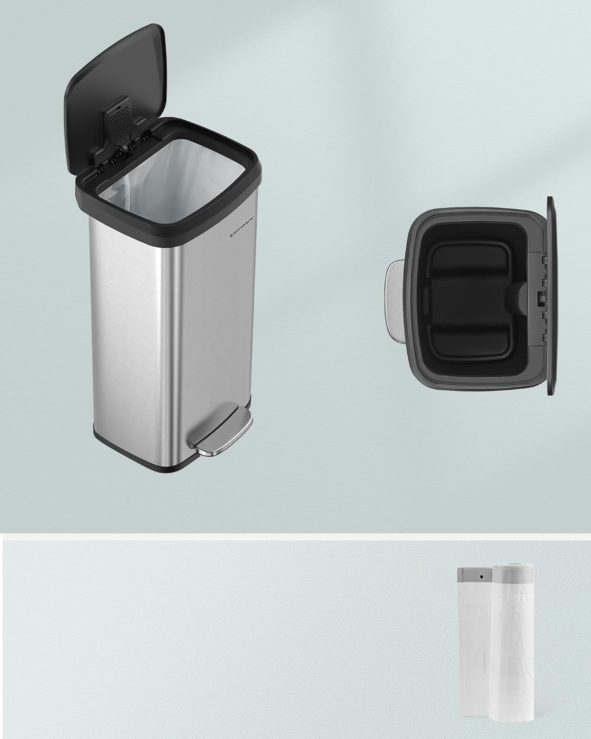 SONGMICS Cos de gunoi din inox, 68 L cu pedala, capac soft close, filtru de carbon pentru neutralizarea mirosurilor, argintiu - imagine 7