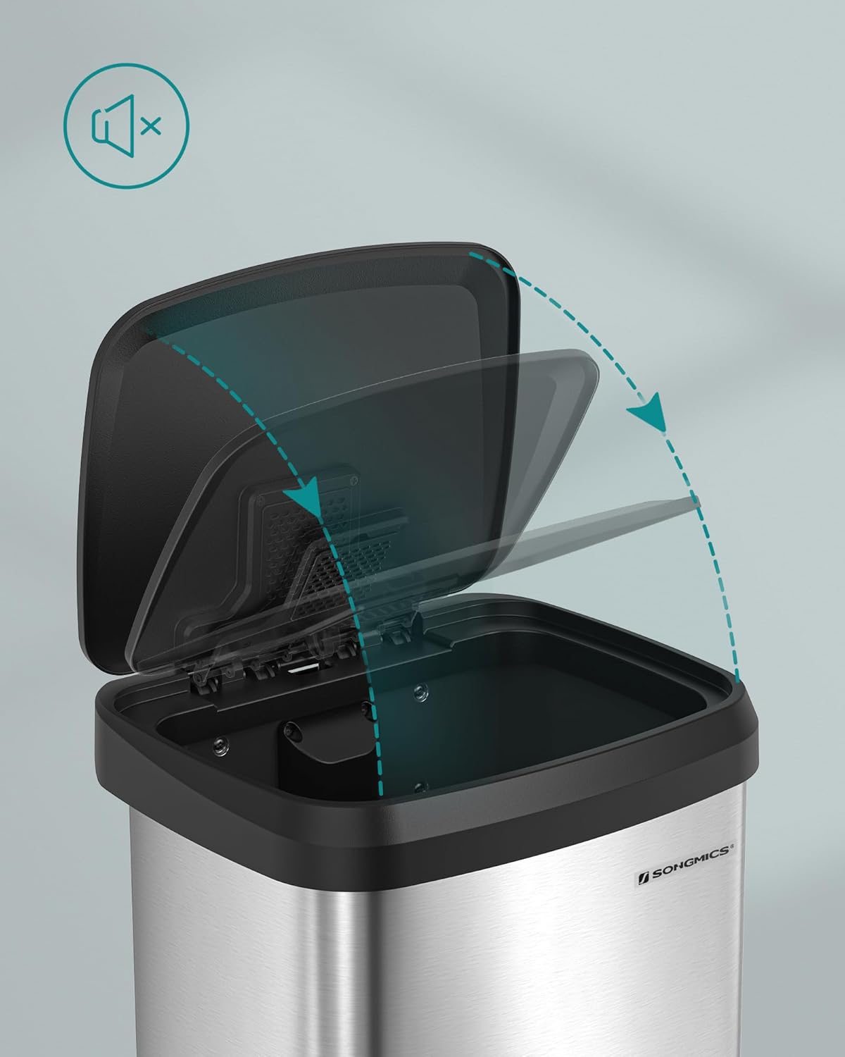 SONGMICS Cos de gunoi din inox, 68 L cu pedala, capac soft close, filtru de carbon pentru neutralizarea mirosurilor, argintiu - imagine 9