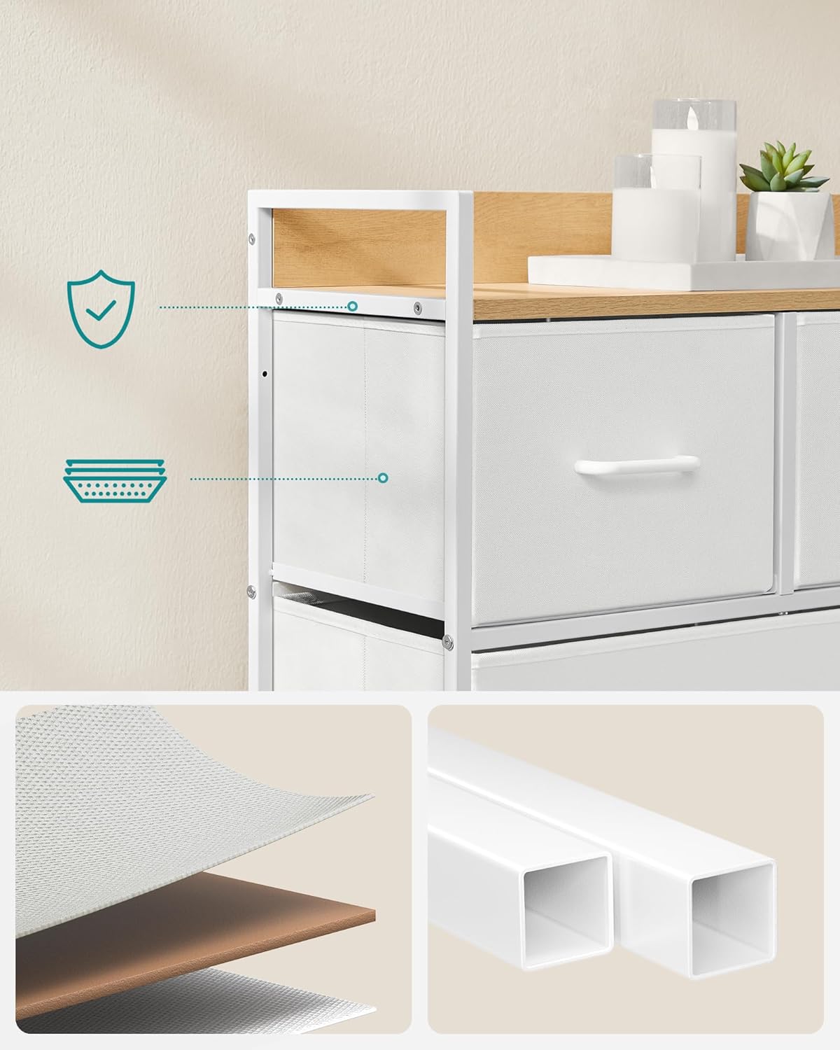 SONGMICS Comoda cu 5 sertare textile, cadru metalic si blat din PAL, design industrial, 98x29x70 cm, alb si stejar - imagine 3