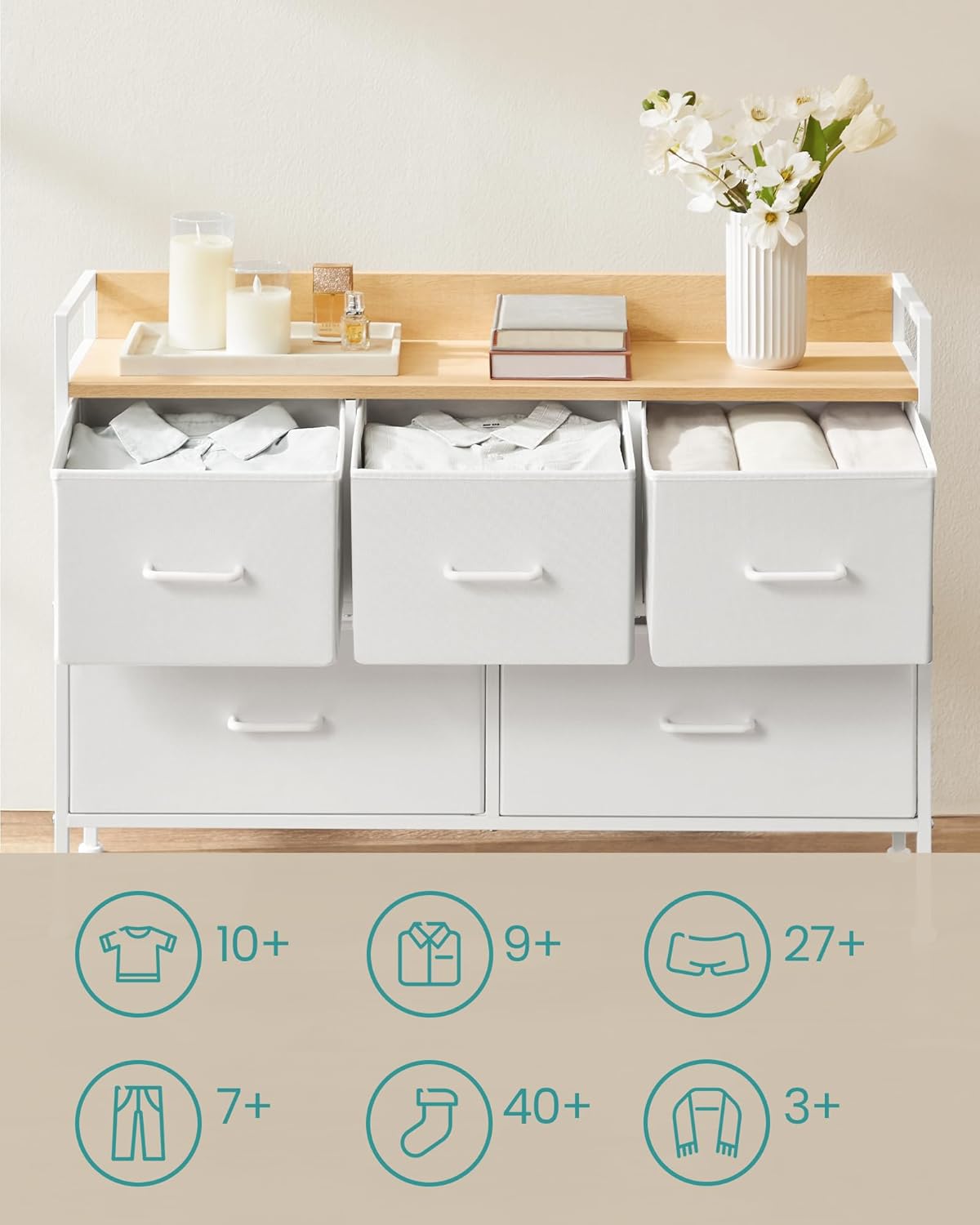 SONGMICS Comoda cu 5 sertare textile, cadru metalic si blat din PAL, design industrial, 98x29x70 cm, alb si stejar - imagine 4