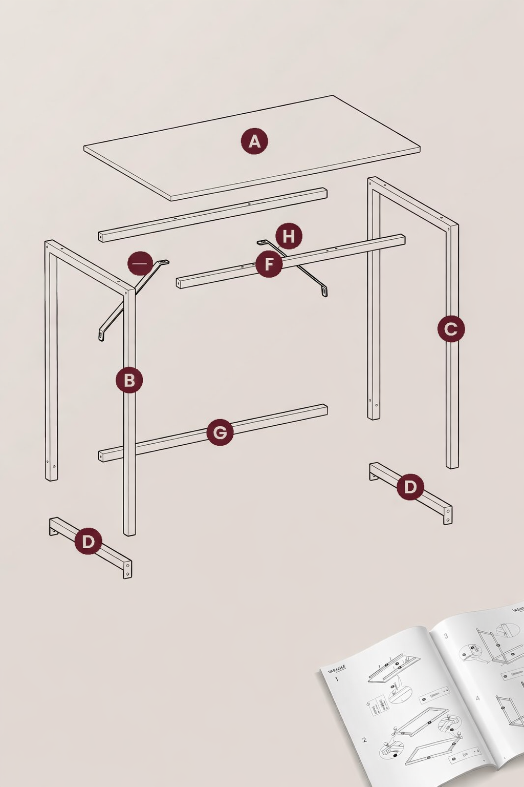 VASAGLE Birou calculator cu blat din PAL, cadru metalic, stil industrial, 100x50x76 cm, maro camel - imagine 6