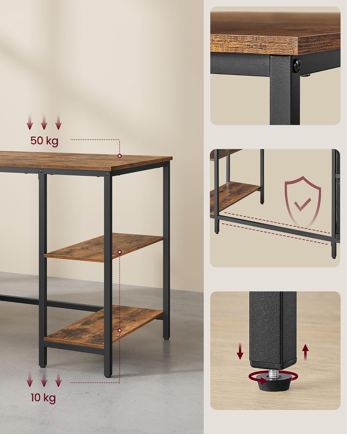 VASAGLE Birou calculator cu 3 rafturi si 2 sertare, cadru metalic, stil industrial, 140x60x76 cm, maro rustic - imagine 4