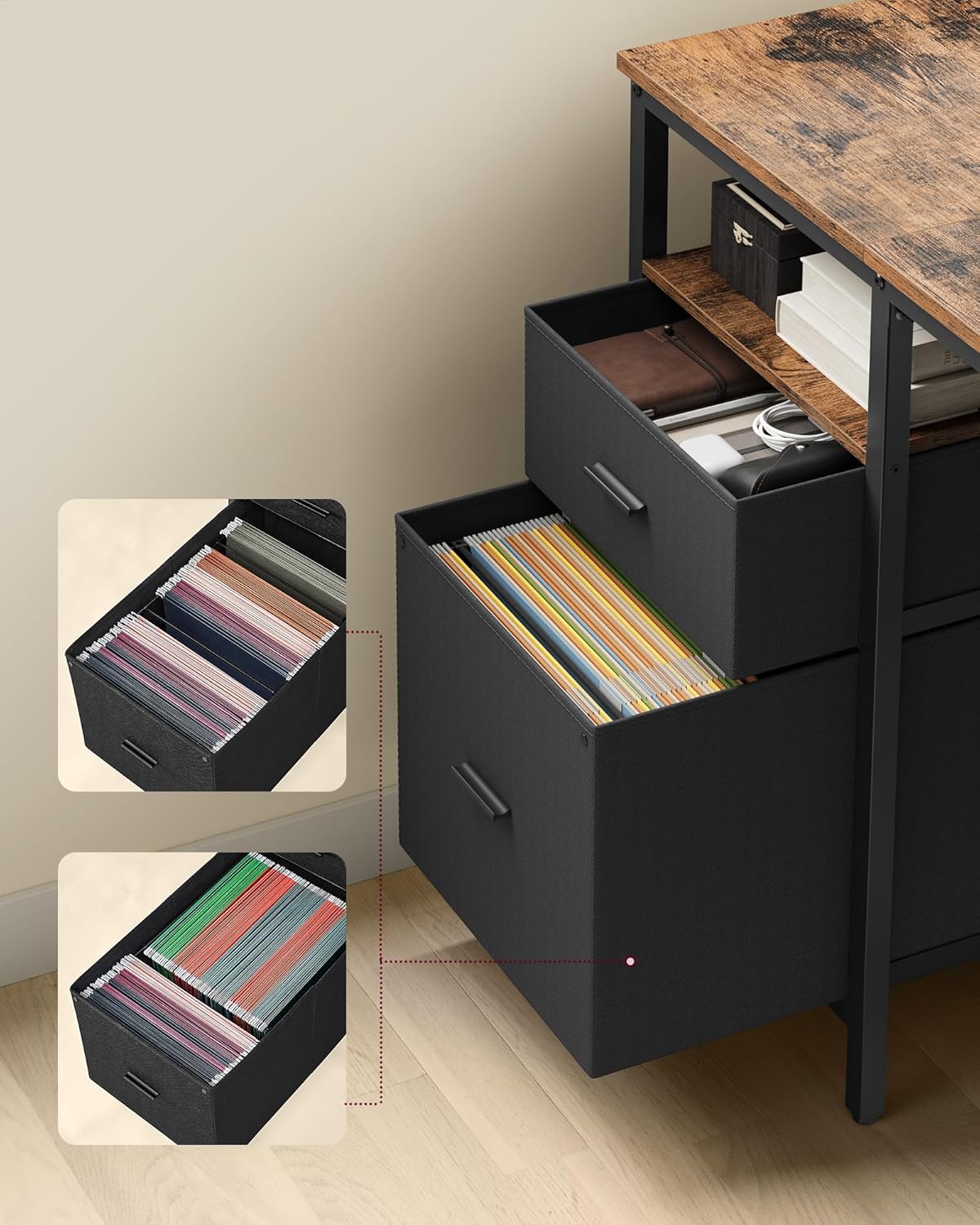 VASAGLE Birou calculator cu 3 rafturi si 2 sertare, cadru metalic, stil industrial, 140x60x76 cm, maro rustic - imagine 6