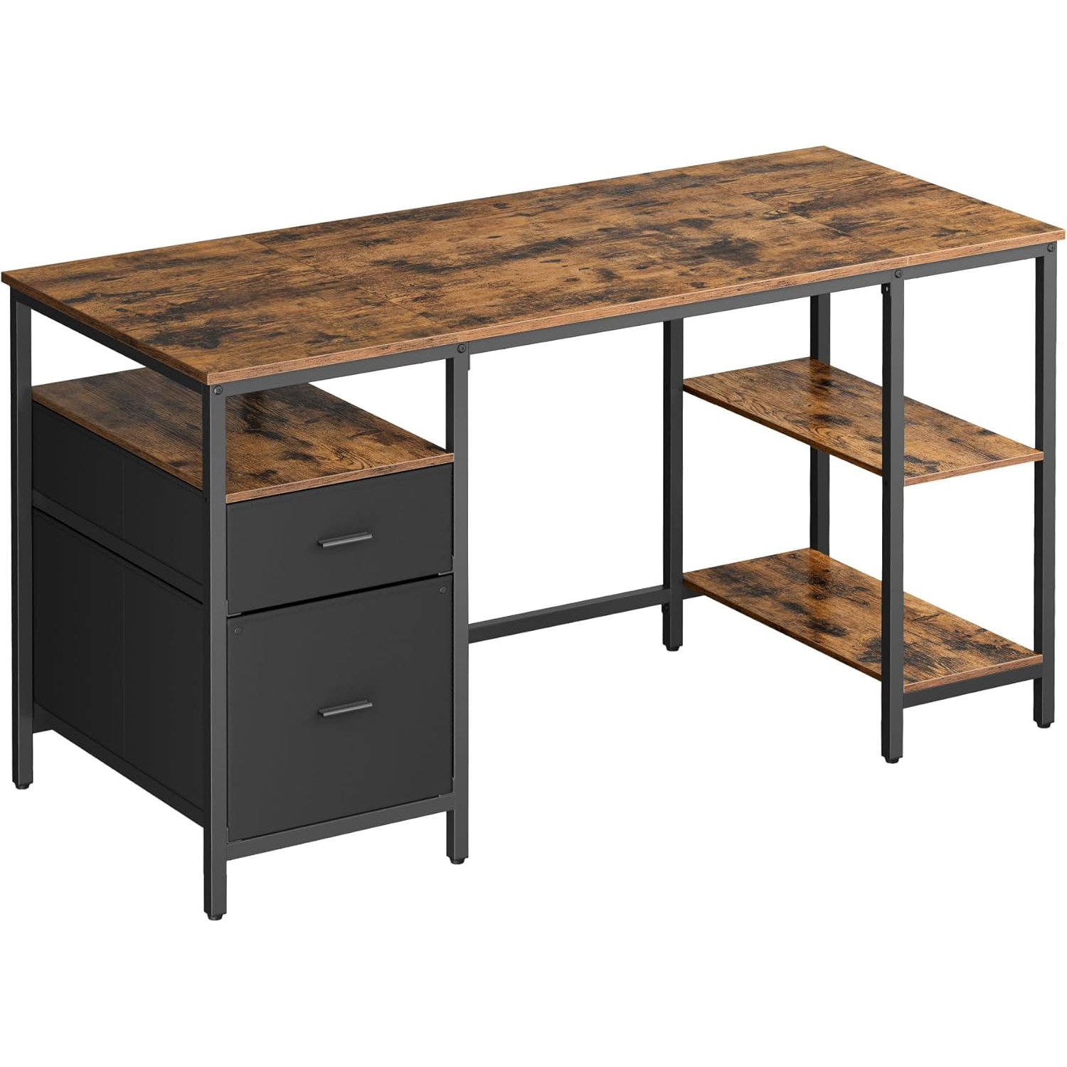 VASAGLE Birou calculator cu 3 rafturi si 2 sertare, cadru metalic, stil industrial, 140x60x76 cm, maro rustic