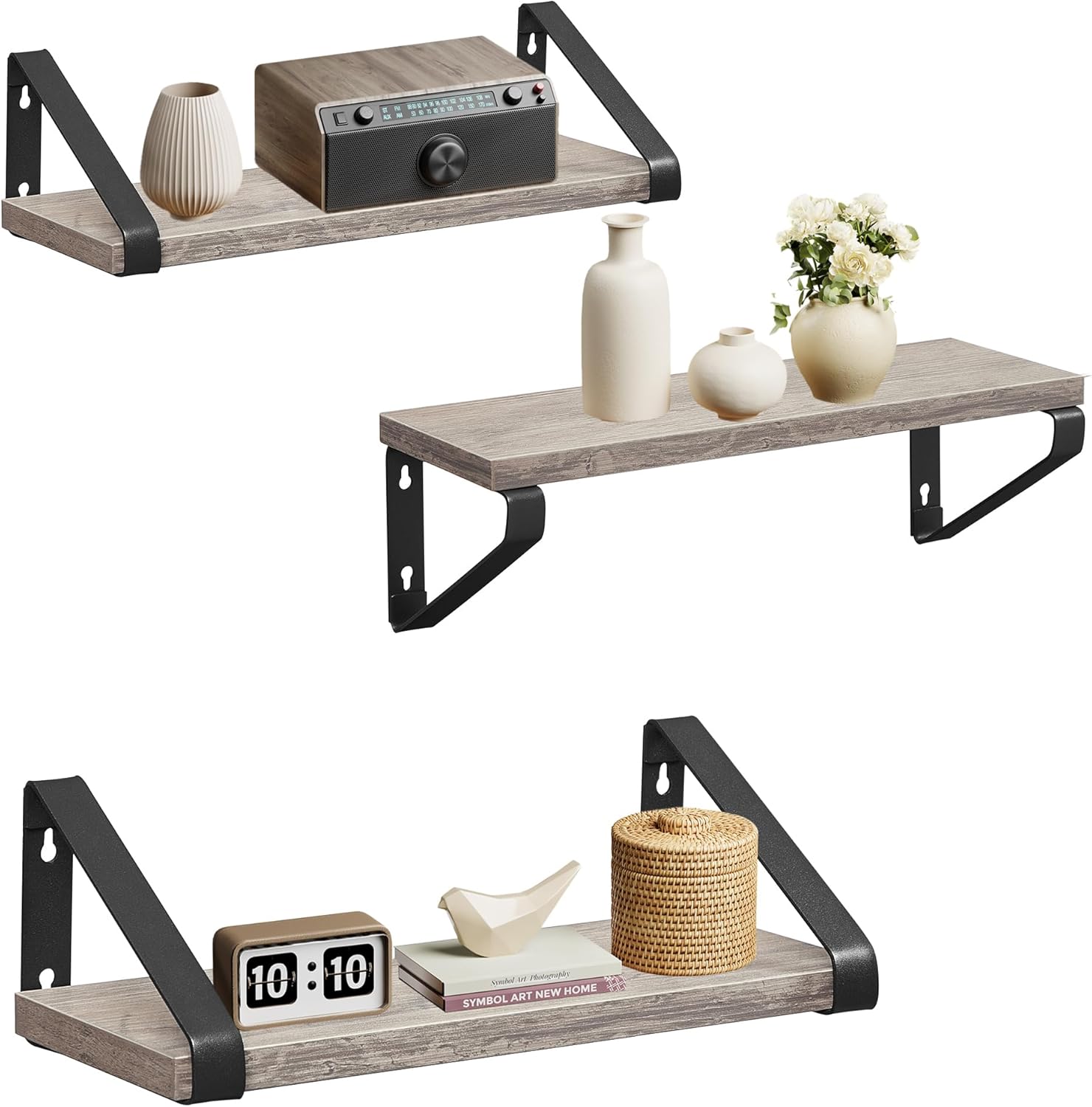 VASAGLE Raft de perete, set 3 bucati 30cm, 35cm si 40cm, 2 moduri de montare, gri si negru - imagine 5