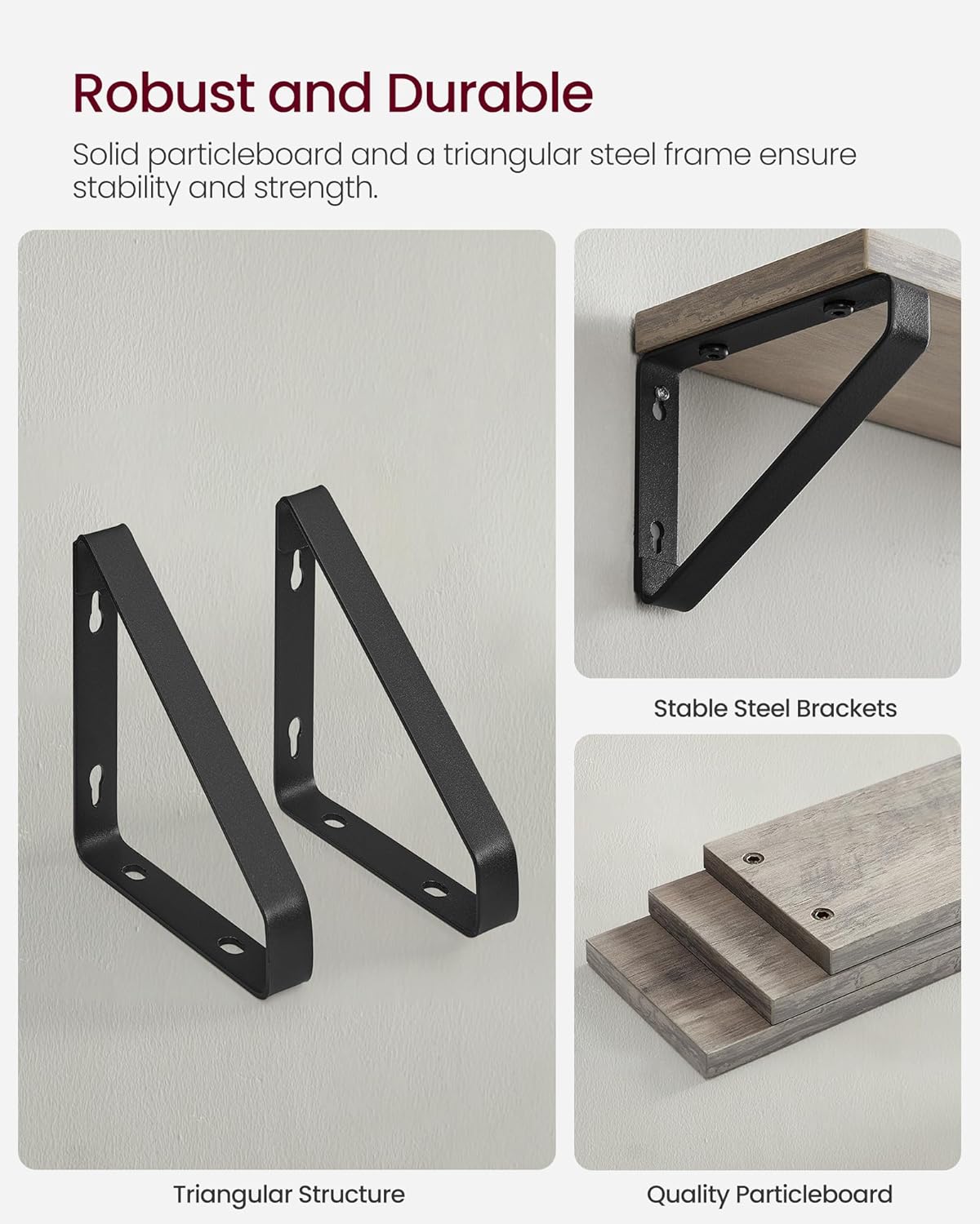 VASAGLE Raft de perete, set 3 bucati 30cm, 35cm si 40cm, 2 moduri de montare, gri si negru - imagine 7