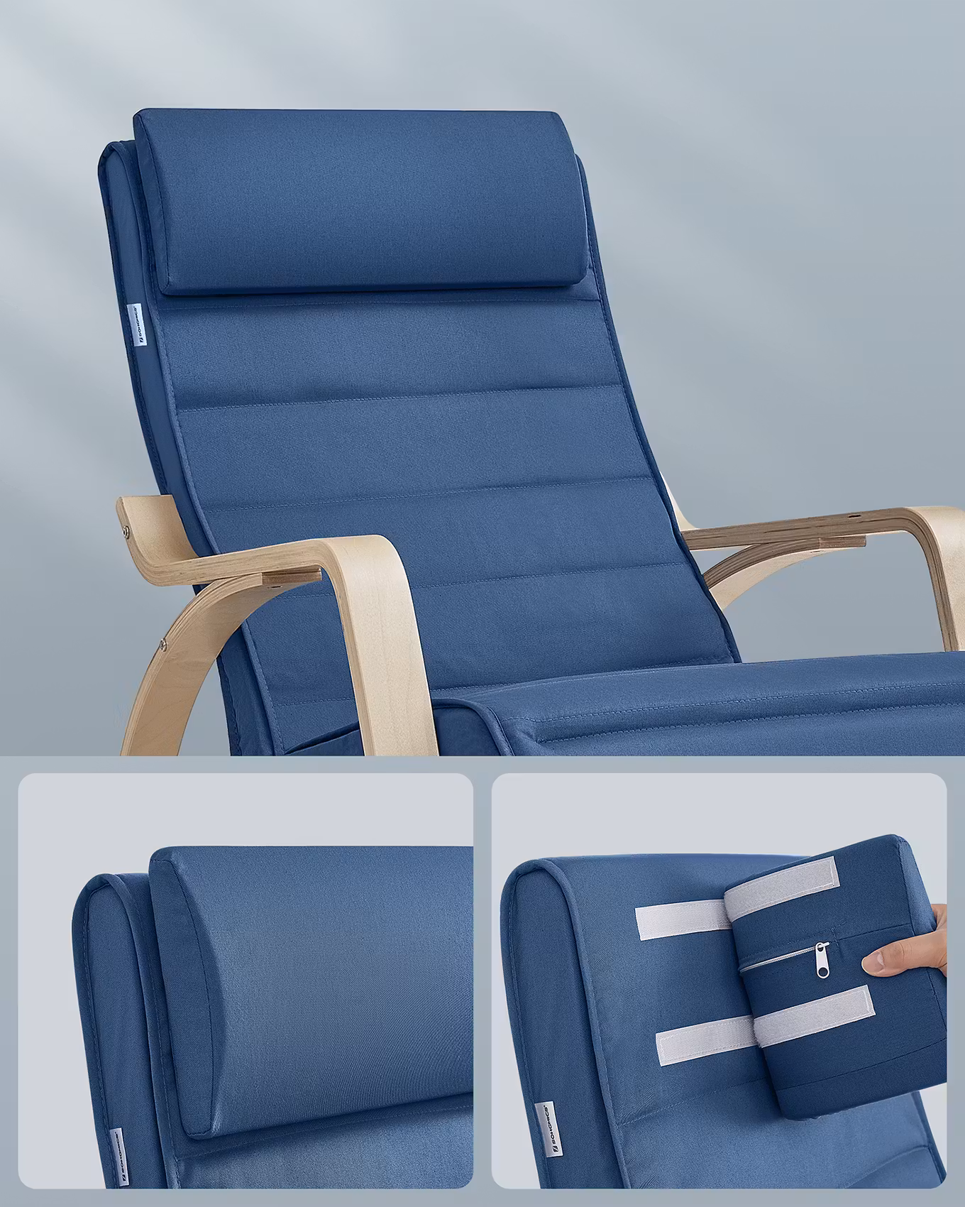 SONGMICS Scaun balansoar din lemn, suport picioare reglabil, maxim 150kg, 122x67x84 cm, albastru inchis - imagine 5