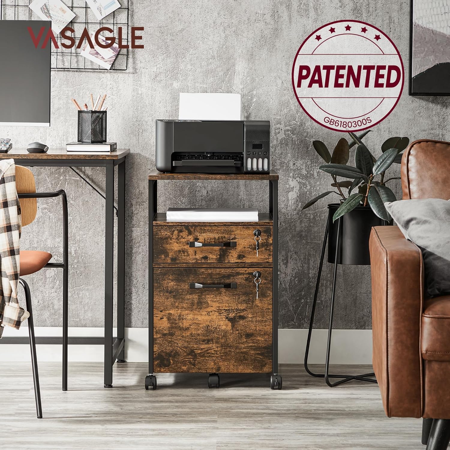 VASAGLE Dulap mobil 42x44x69 cm, cu 2 sertare si roti cu frana, compartiment deschis si suport dosare, PAL si otel, maro rustic si negru - imagine 8