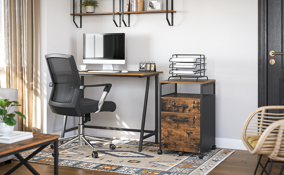 VASAGLE Dulap mobil 42x44x69 cm, cu 2 sertare si roti cu frana, compartiment deschis si suport dosare, PAL si otel, maro rustic si negru - imagine 10