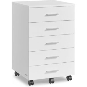 VASAGLE Dulap mobil rollbox pentru birouri, cu 5 sertare si roti, cadru din PAL, 42x40x66 cm, alb