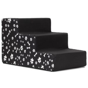 Scara pentru animale de companie, caini sau pisici, 3 trepte, antiderapanta, husa detasabila, inaltime 30 cm, negru cu decor alb