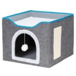 Casuta pentru pisici cu platforma si jucarie suspendata, structura din lemn si husa textila, 42x41x34 cm, gri