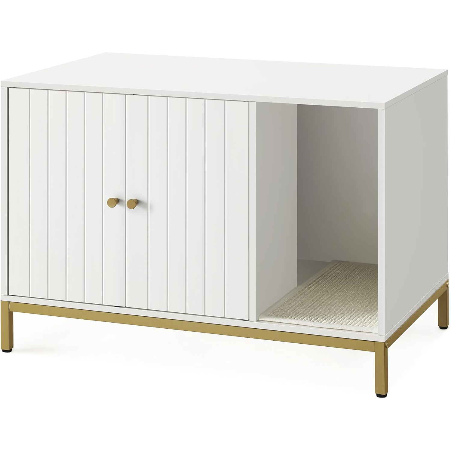 FEANDREA Dulap mascat pentru litiera pisici, cu cadru metalic auriu, 80x50x55 cm, alb