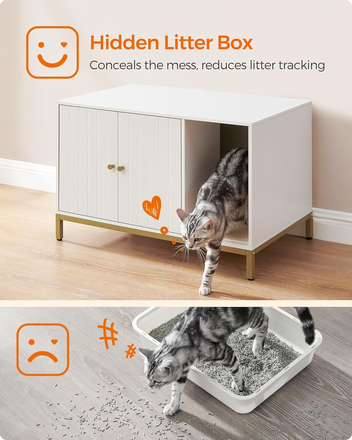 FEANDREA Dulap mascat pentru litiera pisici, cu cadru metalic auriu, 80x50x55 cm, alb - imagine 5