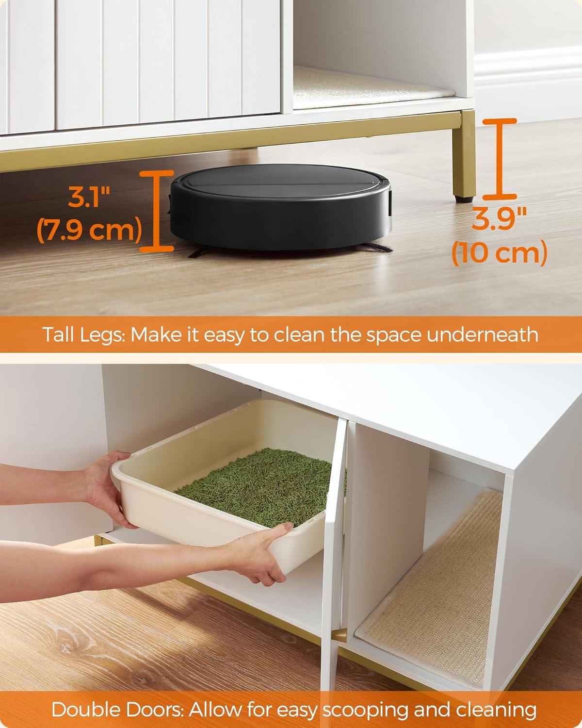 FEANDREA Dulap mascat pentru litiera pisici, cu cadru metalic auriu, 80x50x55 cm, alb - imagine 6