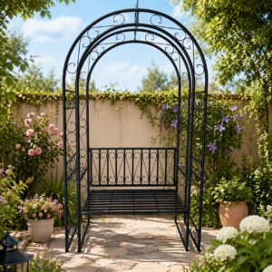 Pergola decorativa pentru gradina cu banca, suport plante cataratoare, structura otel, 130x48x238 cm, negru