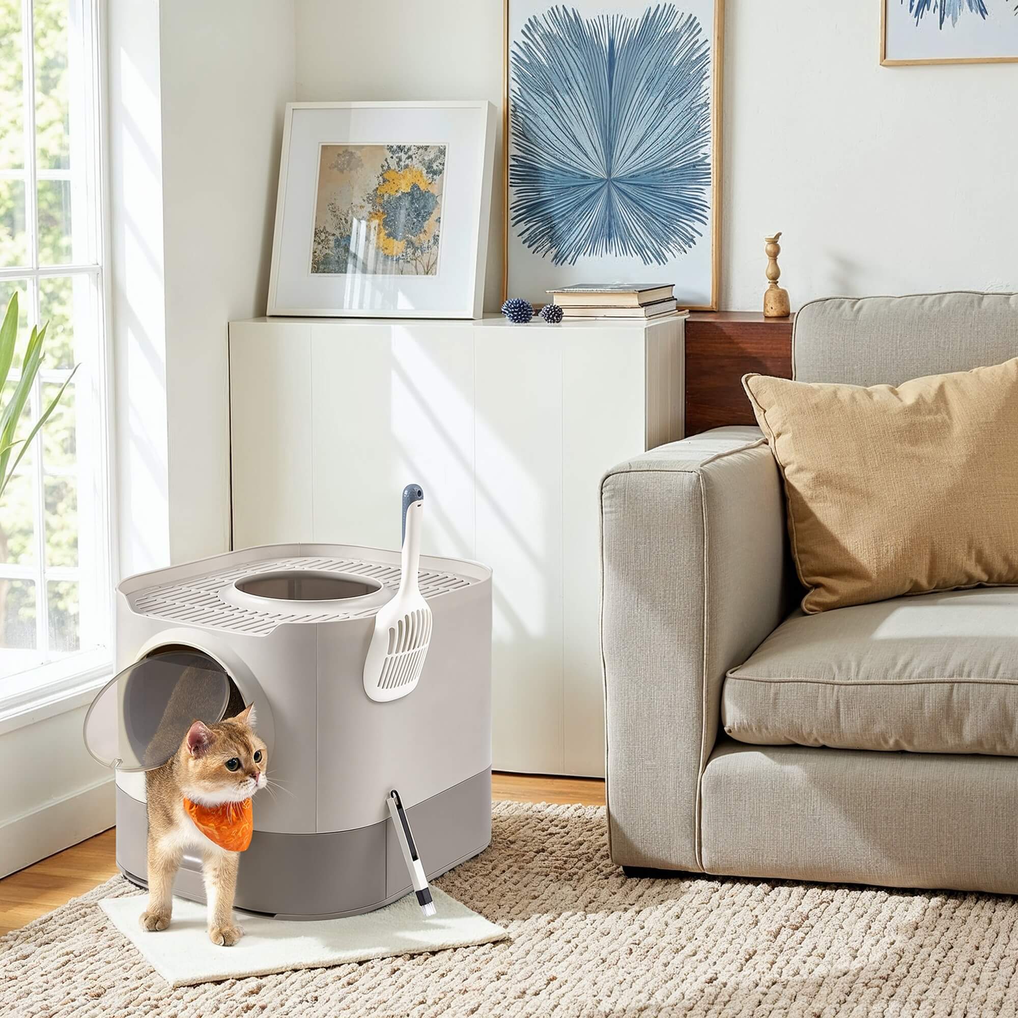 FEANDREA Litiera pentru pisici XXL cu capac, tava extensibila si accesorii incluse, din plastic PP, 54x43x40 cm, gri deschis - imagine 2