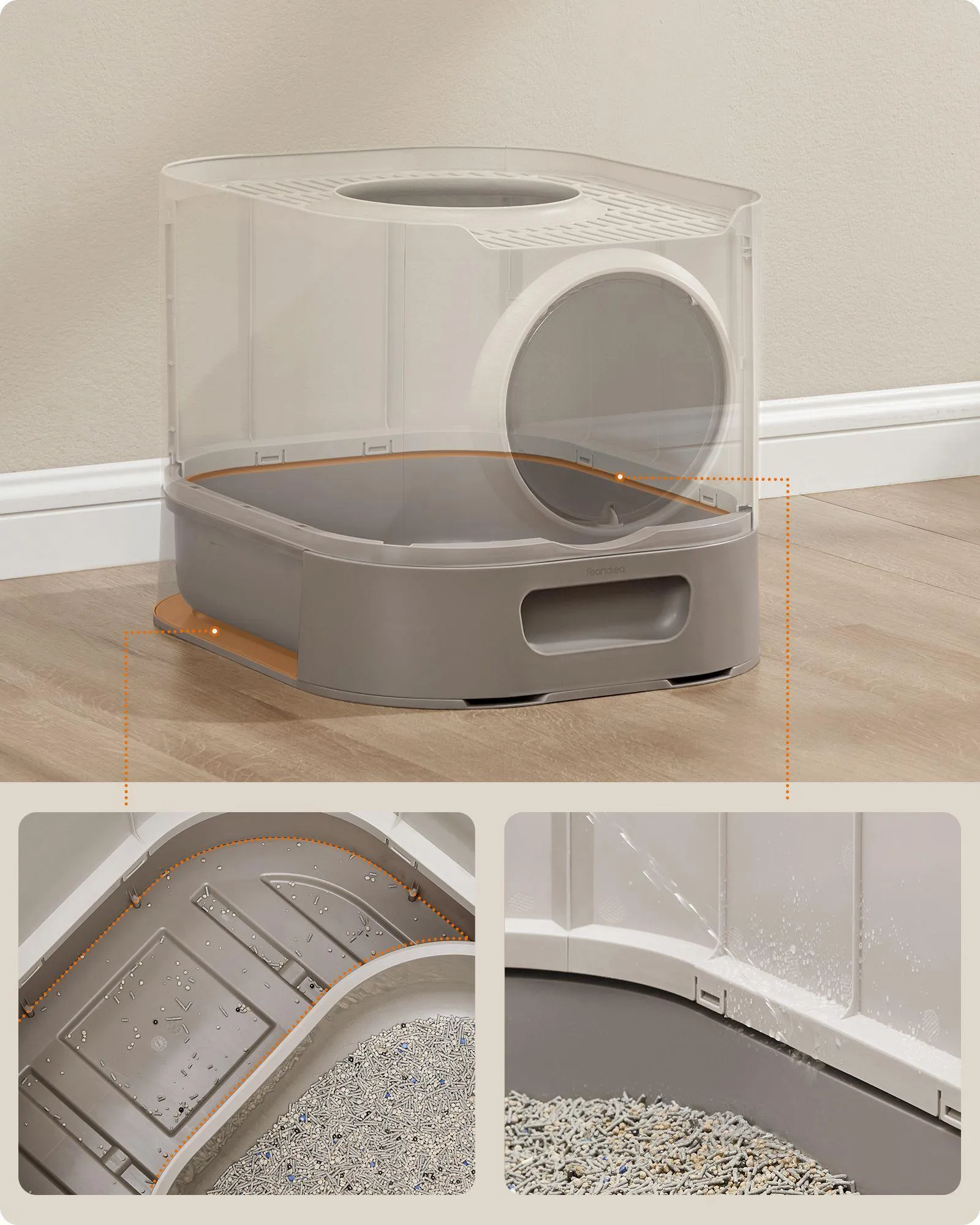 FEANDREA Litiera pentru pisici XXL cu capac, tava extensibila si accesorii incluse, din plastic PP, 54x43x40 cm, gri deschis - imagine 7