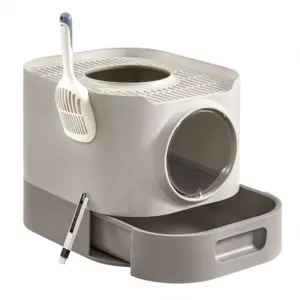 FEANDREA Litiera pentru pisici XXL cu capac, tava extensibila si accesorii incluse, din plastic PP, 54x43x40 cm, gri deschis