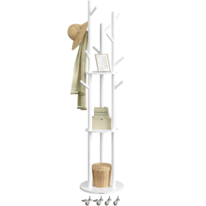 VASAGLE Cuier din lemn masiv, cu 11 agatatori si 3 rafturi, 4 roti detasabile rotative 360°, 40x40x175 cm, alb