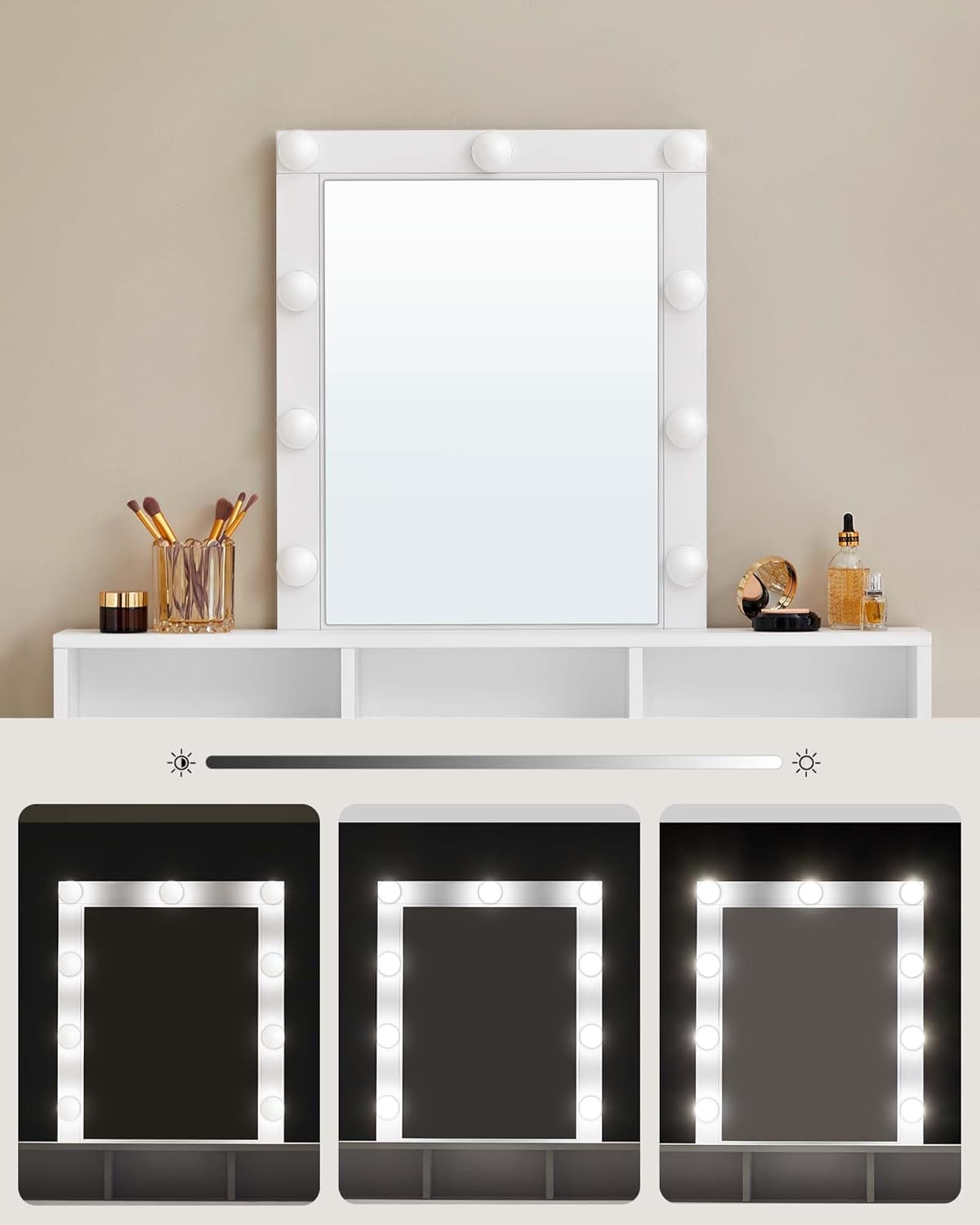 VASAGLE Masa de toaleta cu oglinda LED cu luminozitate reglabila, 2 sertare si 3 compartimente, 100x40x145 cm, alb - imagine 3