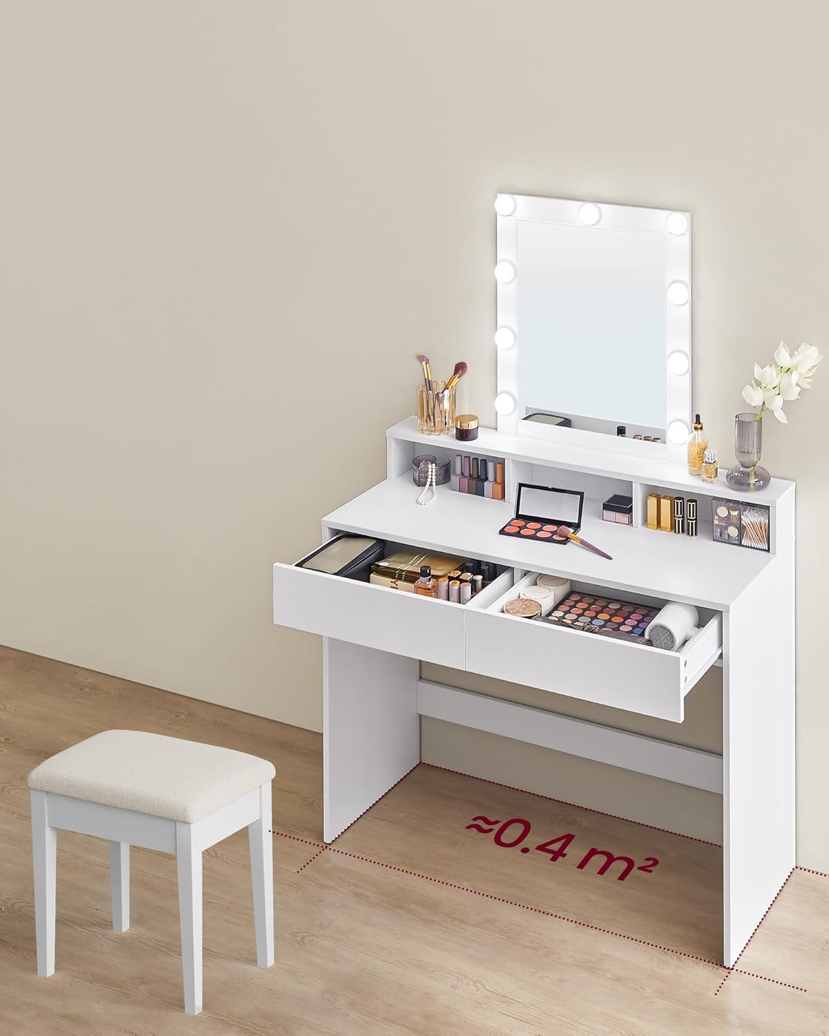 VASAGLE Masa de toaleta cu oglinda LED cu luminozitate reglabila, 2 sertare si 3 compartimente, 100x40x145 cm, alb - imagine 7