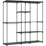 SONGMICS Dulap portabil pentru haine cu 3 bare de suspendare si rafturi, structura metalica, 43x182x182 cm, negru